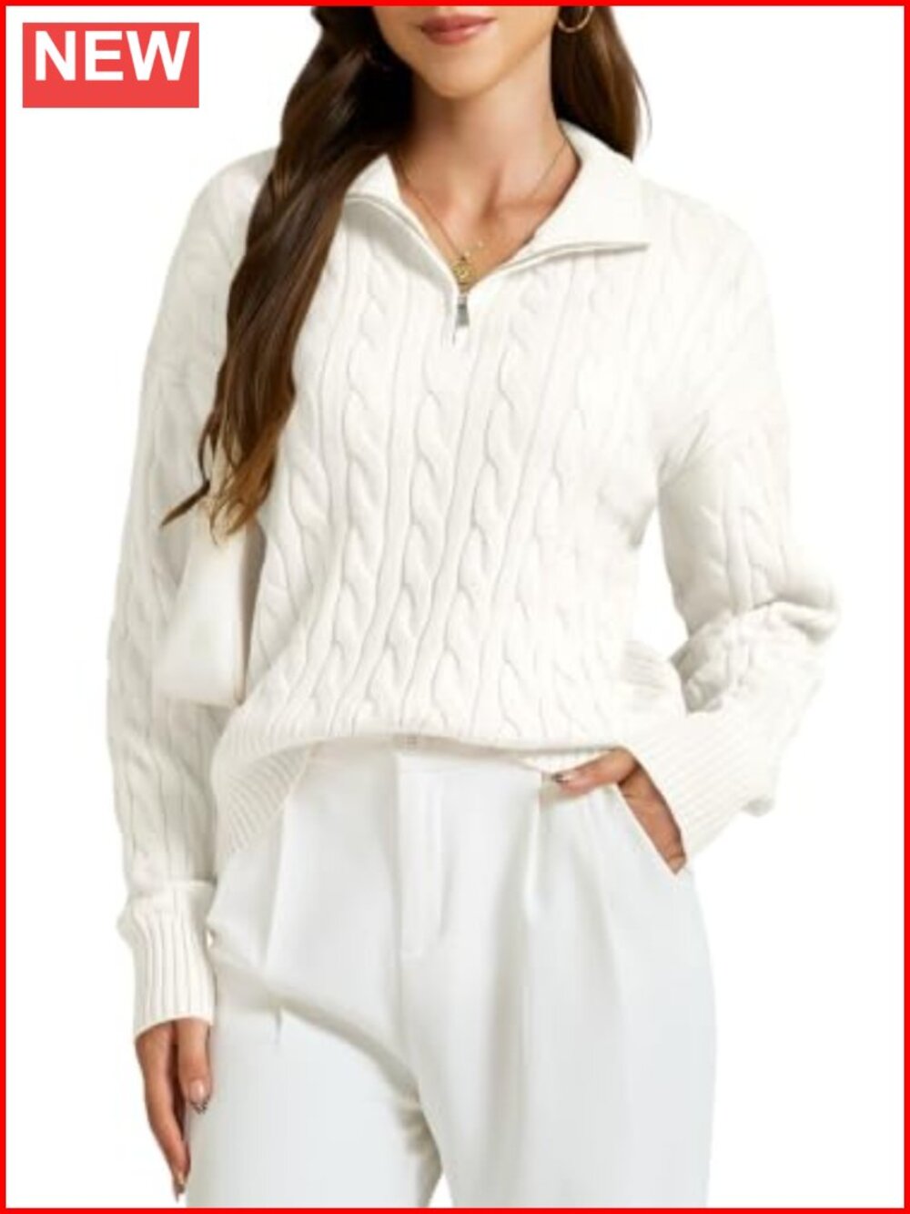 Cable Knit Quarter Zip Sweater Collared Cropped Pullover Womens